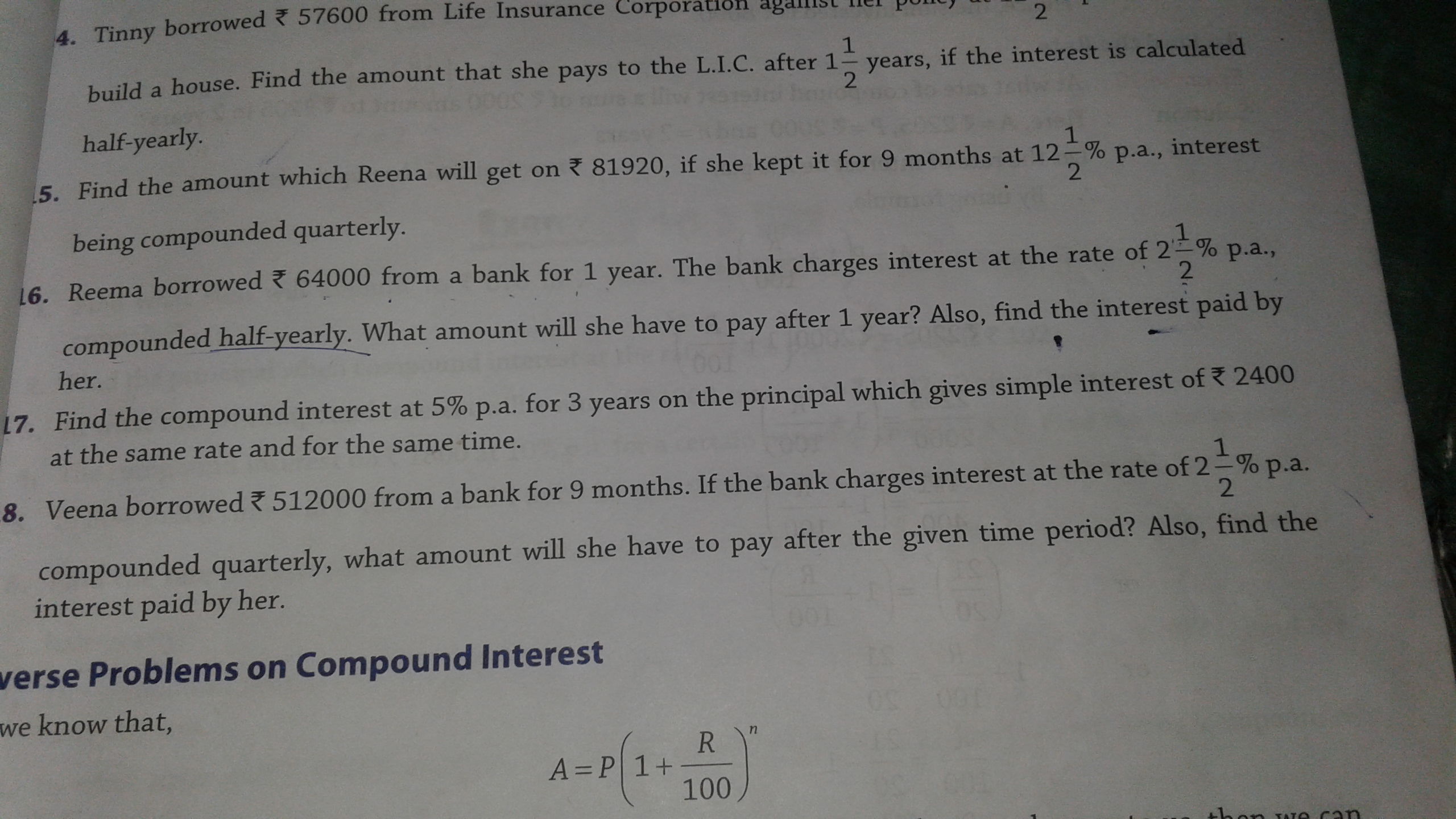 Question image for Reena borrowed 512000 from a bank for 9 months.if